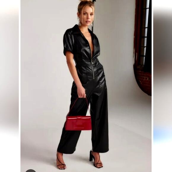 12th Tribe NEW Faux Leather Short Sleeve Half Zip Jumpsuit Soft - Picture 1 of 9
